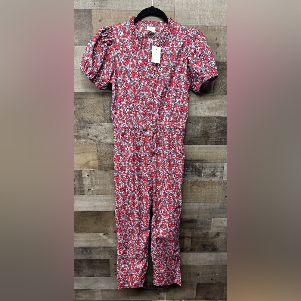 J Crew Crewcuts Jumpsuit Girls 14 Floral Puff Sleeve Gold Button Cotton Colorful